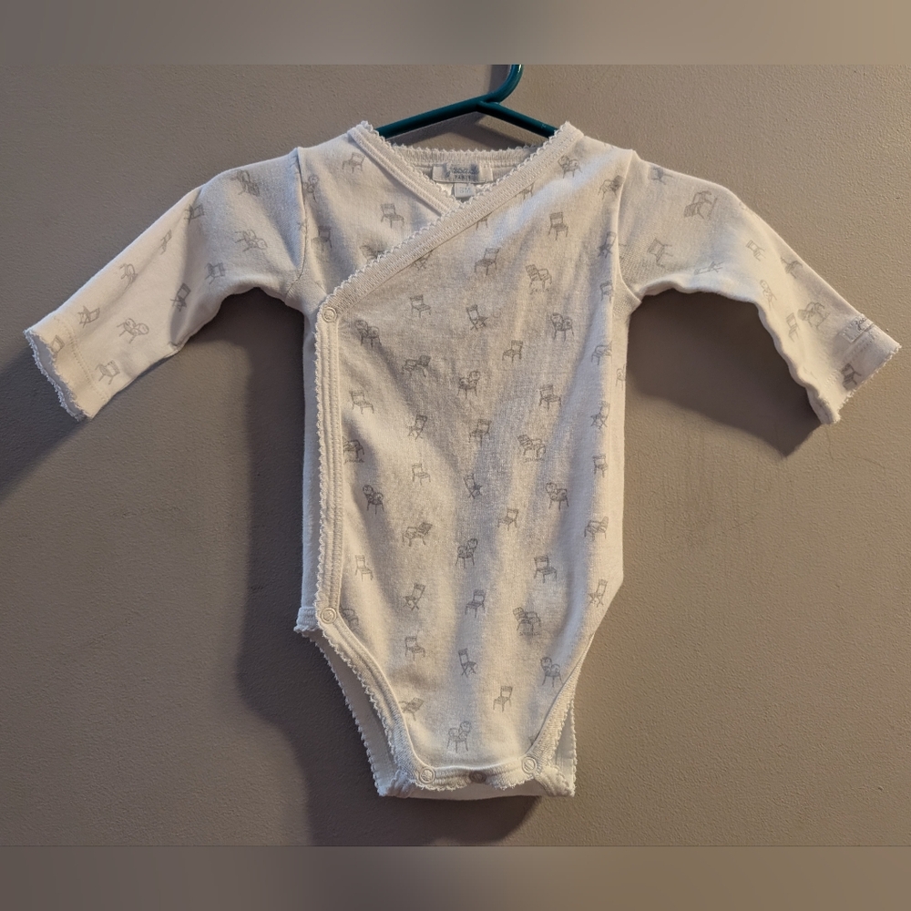 Jacadi Paris White Gray Long Sleeved Chair Print One Piece Baby Girls 0-3 Months